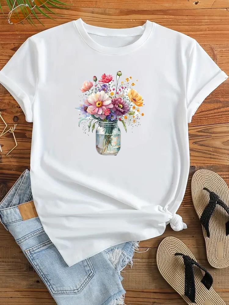 (Asian Size) Clothing Casual Tshirt Women Flower Trend 90s Sweet Cute Short Sleeve Fashion Print Lady Tee Top Female Graphic T-shirts