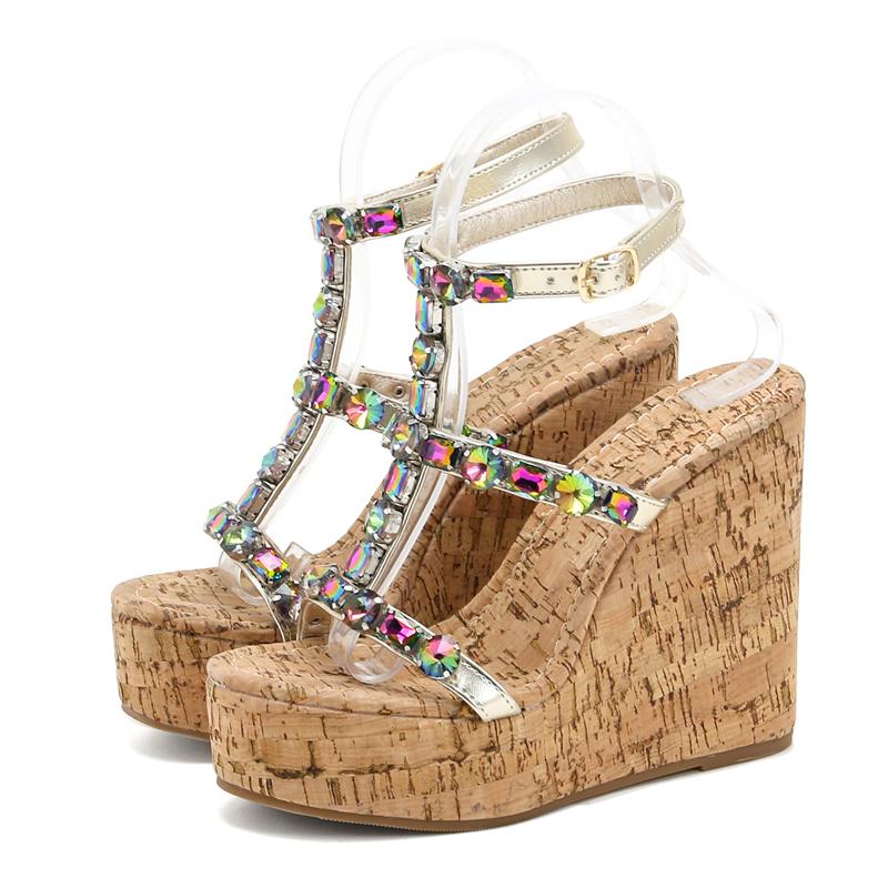 Fashion Wood Grain Platform Wedges High Heels Woman Sandals CRYSTAL Buckle Strap Casual Ladies Summer Shoes