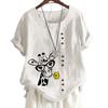 Womens Cotton Casual Tee with 6 Animal and Plant Print Patterns, Round Neck, Short Sleeves, Button Decoration