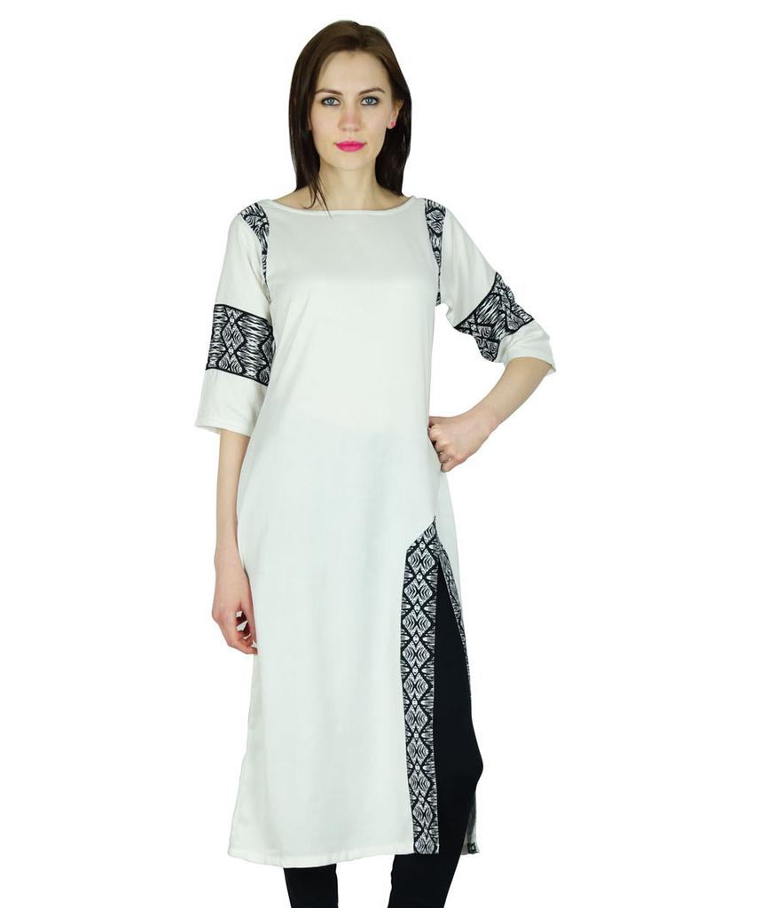 Bimba Women Straight Rayon Kurta Long Custom Kurti 3 4 Sleeve White Top Ethnic Indian