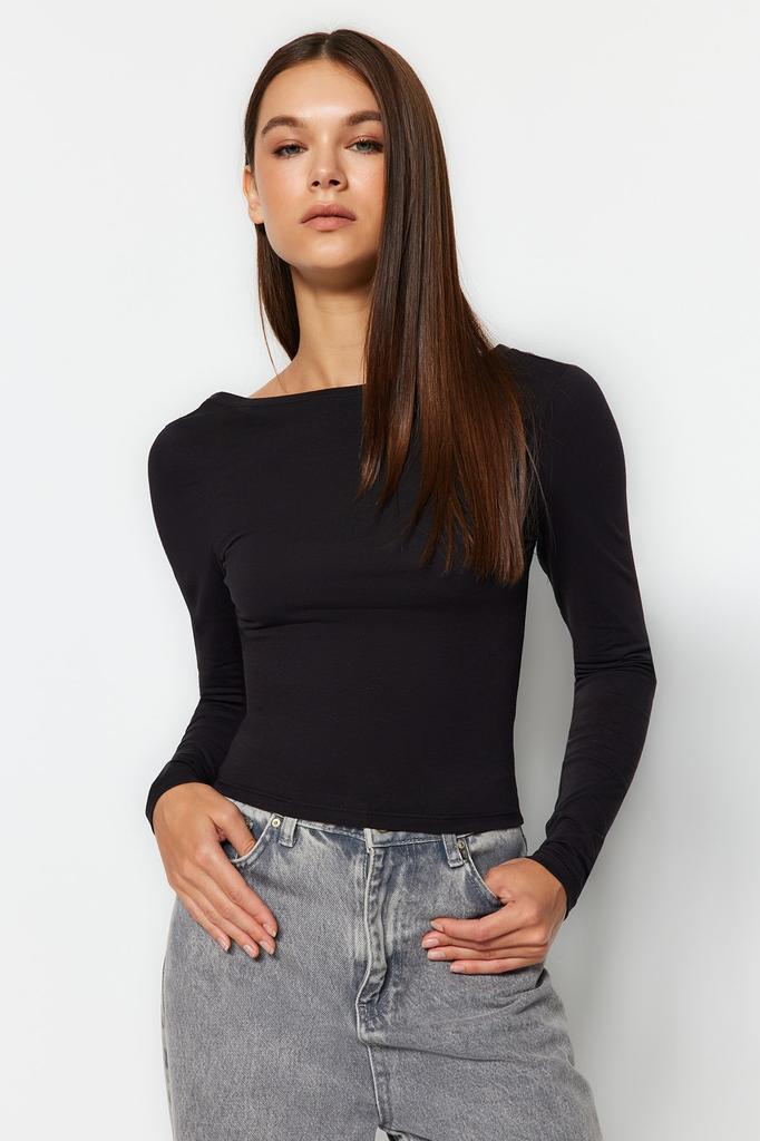 Women's Fashion New Blouse Black Deep Back Low-cut Fitted Cotton Stretchy Knitted Blouse