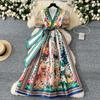 Elegant Retro Print Flower Long Dresses Women Summer Autumn Holiday Palace Style National Trench Belt V Neck Party Dress