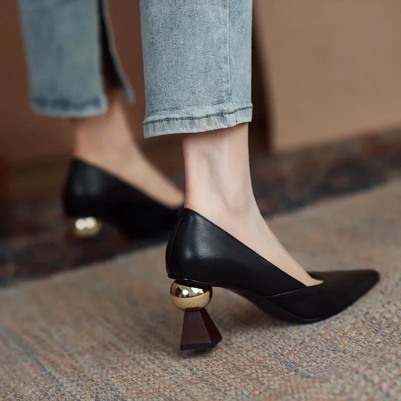 Fashion Handmade Leather Women Pumps Sexy Pointed Toe Chic Stylish Office Working Shoes Strange High Heel Stilettos Black Dress Shoes