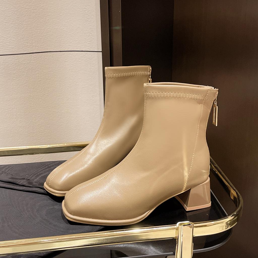 2025 Autumn and Winter New Korean Version Velvet Martin Boots Women's Head Thick Heel Short Boots Versatile Rear Zipper Elastic Thin Boots