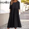 Spring and Summer Plus-size Casual Loose Long Solid Color O-Neck Dress