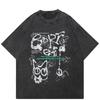 Streetwear Cat Graffiti Graphic Washed Black T-Shirt Cotton Unisex Tops Tees Summer Short Sleeves T Shirt