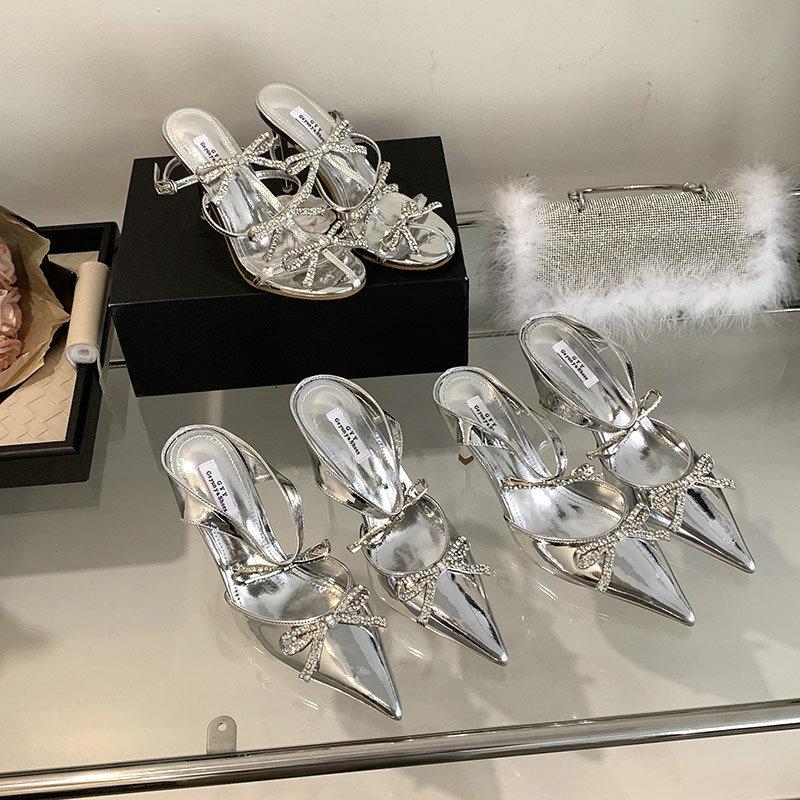 Fashion Advanced Sense ~! Silver Patent Leather Rhinestone Bow Pointy Half Slippers For Women With Fine Heels And High Heels