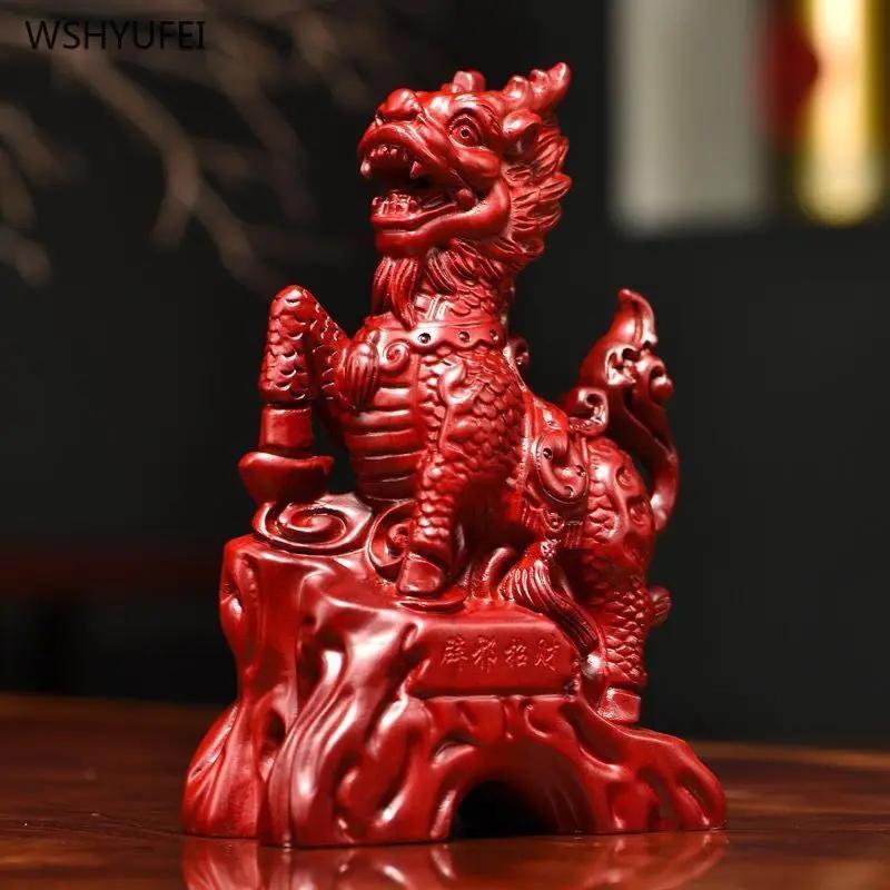 2PCS Solid Wood Carving Simulated Kirin Decoration Office Crafts Housewarming Sculpture Attract Wealth FENG SHUI Home Decor