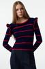 Women's Fashionable Stylish Sweater Navy Blue Shoulder Flounce Striped Knitwear Sweater