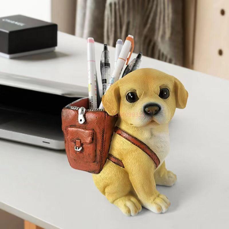 Cute Puppy Pen Holder Ornament Office Desktop Decoration Resin Stationery Student Storage Supplies Birthday Gifts For Girls