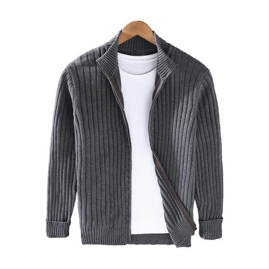 Fall Winter Men Coat Zipper Closure Knitted Cardigan Stand Collar Long Sleeves Solid
