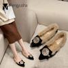 Rabbit Fur Flats Woman Crystal Metal Buckle Ballet Shoes Women Warm Plush Loafers Ladies Winter Cotton Shoes Furry Moccasins New