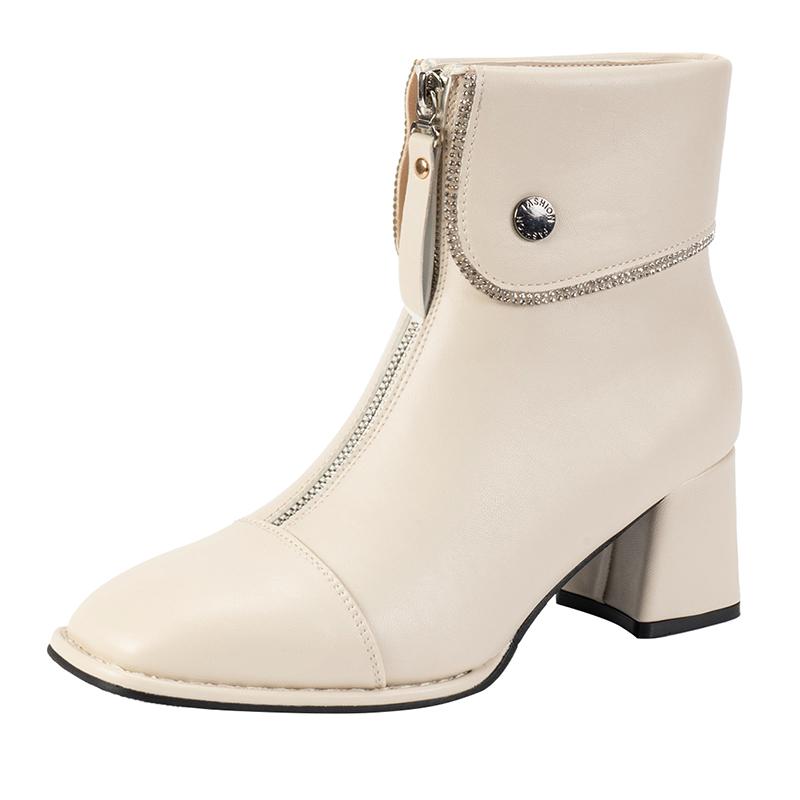 Soft Leather New High-heeled Booties Women's Autumn and Winter New Bright Leather Square Toe Block Heel Boots