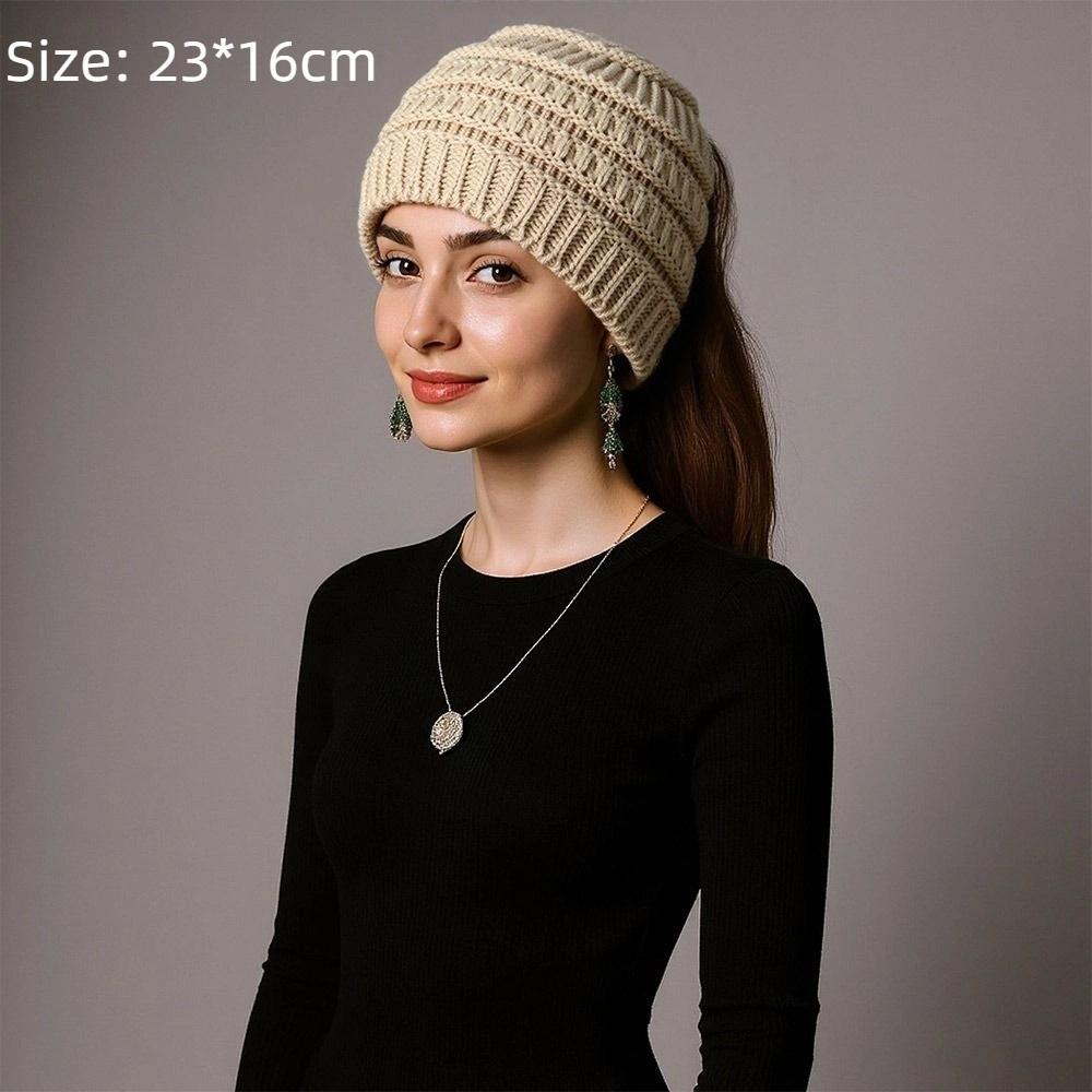 Solid Color Ponytail Beanie Hat Headwear Women's Hat Warm Knitted Hat  Winter
