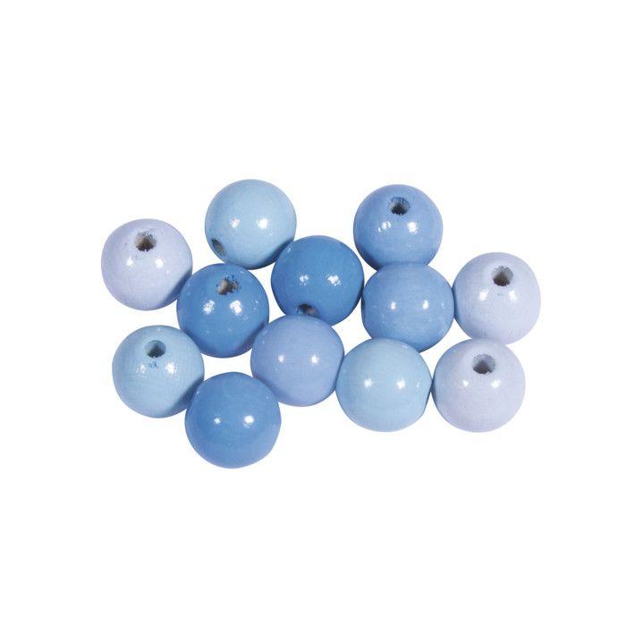 Assort. Perles en bois FSC 100%, 12mm ø, tons bleu clair, polies, 32 pces