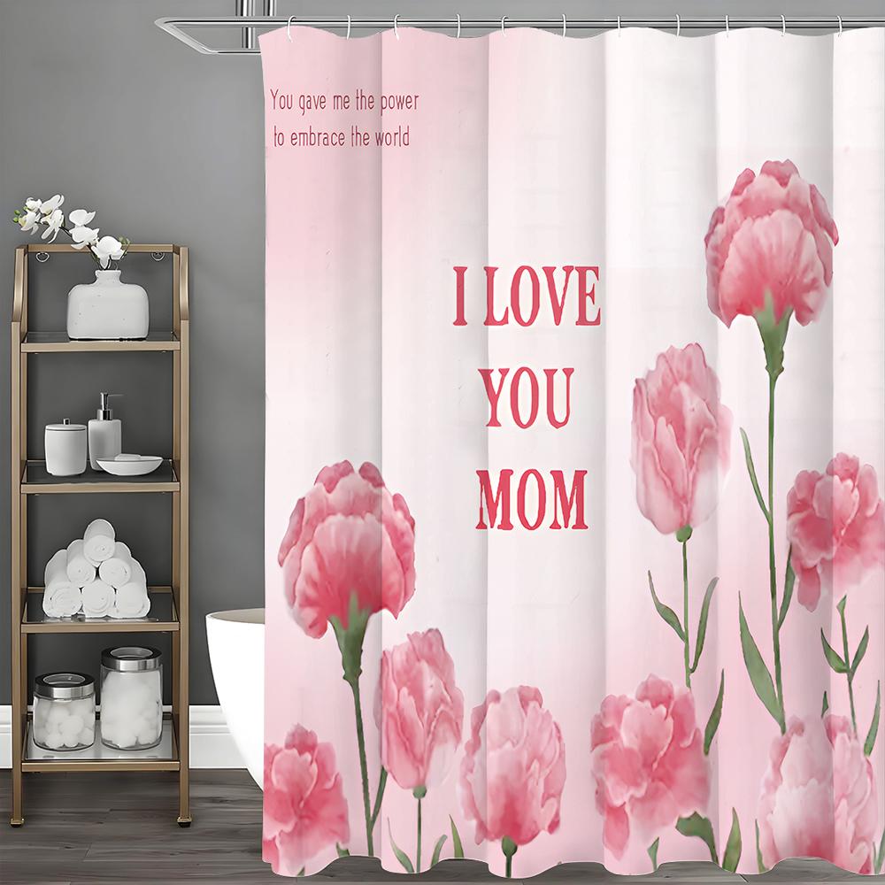 Mother's Day Carnation I Love You Mom Text Shower Curtain, Bathroom Decorative Shower Curtain, Waterproof Shower Curtain with Ho