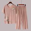 Senior Women's Cotton Linen Pajama Set: Short-Sleeved, Two-Piece Summer Outfit for Moms and Grandmas