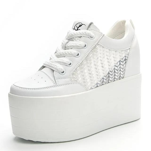 Fashion 12cm New Air Mesh Leather Genuine Platform Wedge Flats Summer Spring Boot Ankle Women High Brand White Fashion High Heels Shoes