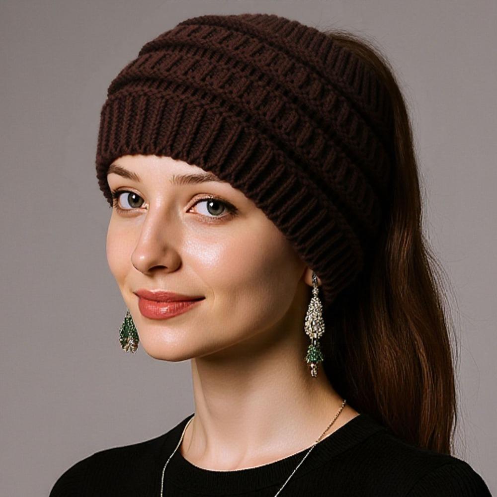 Solid Color Ponytail Beanie Hat Headwear Women's Hat Warm Knitted Hat  Winter