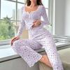 Women's Long Sleeve Pajama Set Ruffle Trim V Neck Crop Top And Wide Leg Pants Sleepwear Set Floral Print 2 Piece Pjs Set
