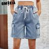 Women's Spring/Summer Wash Lace-up Elastic-waisted Five-quarter Denim Shorts Trend