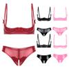 Womens Glossy Patent Leather Underwire Bra Set Adjustable Strap Lingerie with Open Crotch Briefs