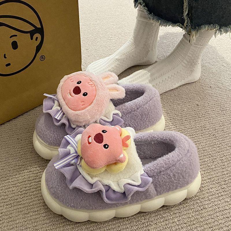 Women Slippers Cartoon Cute Cotton Slippers Thick Bottom Mute Home Warm Skin-friendly Plush Winter Fur Slippers Female Winter