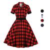 Women’s 50S Retro Swing Plaid Dress with Belt Lapel Collar Short Sleeves Midi Dresses for Bridesmaid Party Evening Cocktail Celebrity Occasion Outfit