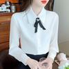 Fashion New 2024 Autumn Long Sleeve Bow Turn Down Collar Office Lady White Chiffon Blouse Shirt Women Tops Blouses Shirts  J506