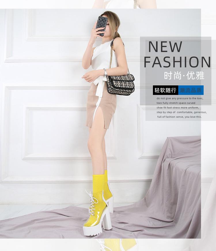 14CM Spring New Women Boots Round Head Waterproof Platform Transparent Lace Up Thick High Heels Nightclub Ankle Boots PU