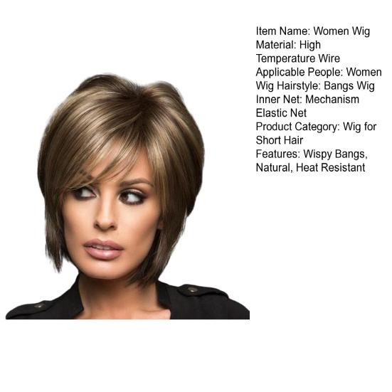 Women Short Straight Wig Wispy Bangs Natural Heat Resistant High Temperature Fiber Ladies Highlights Bobo Synthetic Hair
