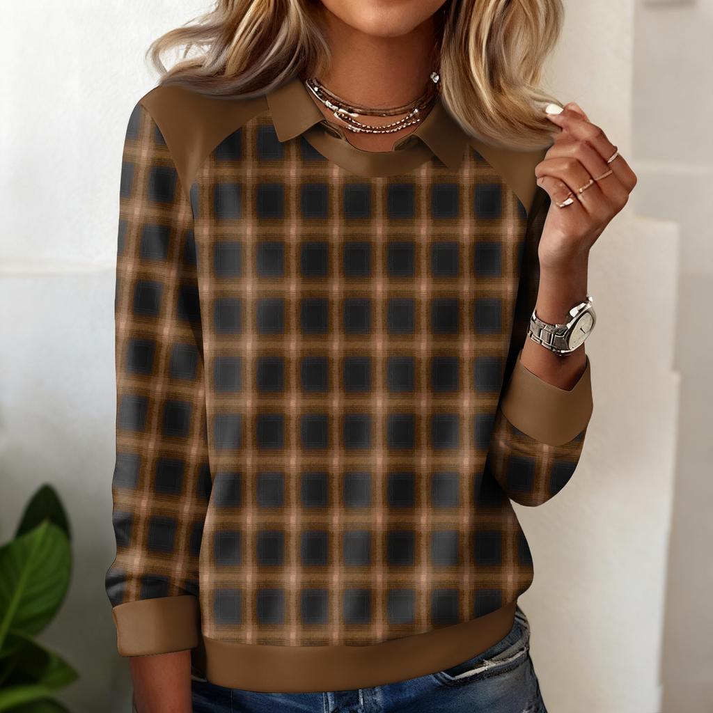 Ladies' Plaid Printed Casual Long Sleeved Sweatshirt Top