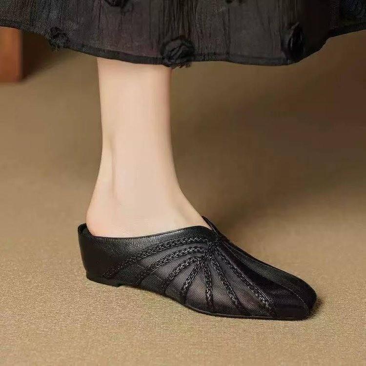 Soft Leather Mesh Yarn Baotou Half Slippers Children 2025 Spring and Summer Outer Wear Non-slip Soft Sole Retro Soft Sole Middle Heel Muller Shoes