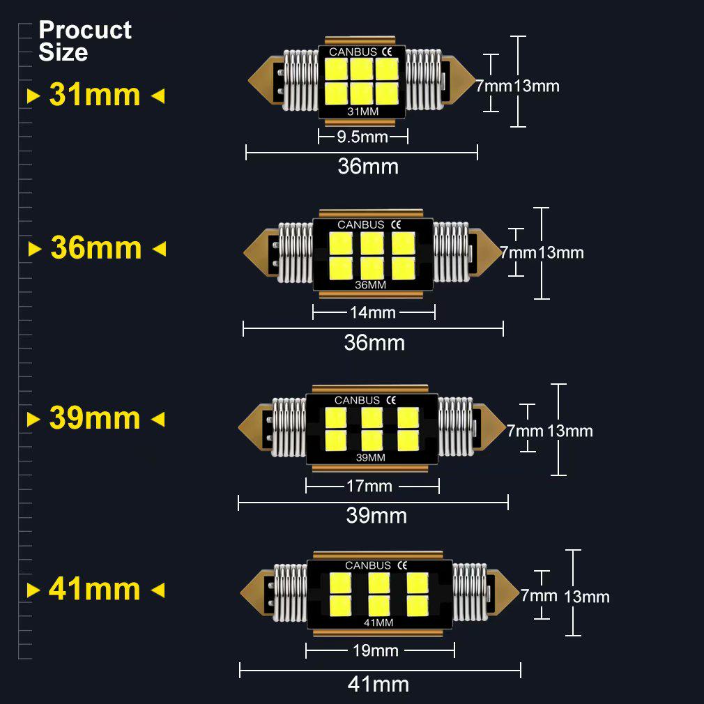 1x C5W LED Bulb Canubs 12V 6 SMD Super Bright White C10W LED Festoon 31mm 36mm 39mm 41mm Error Free License Plat Interior Light