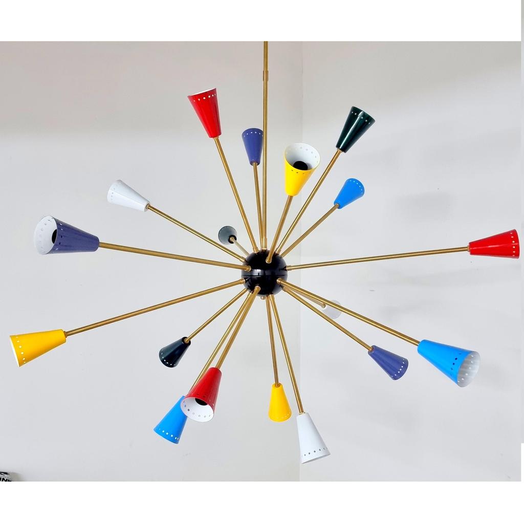 Mid Century Chandelier Fixture Black Center Ball Multicolored Arms Brass Elegance Light for Home Decoration