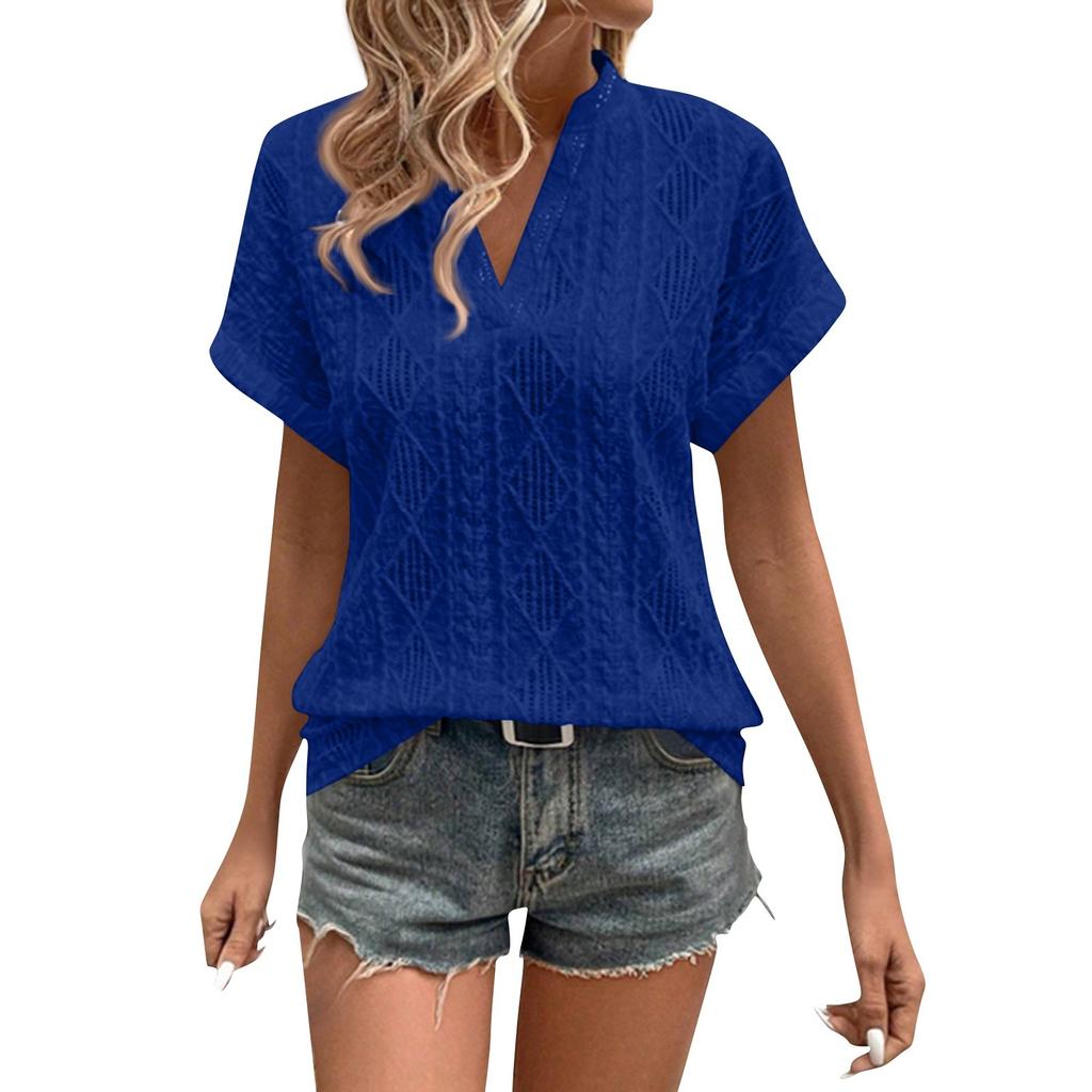 Women's Fashion Solid Color Short Sleeve V Neck Casual Pullover T-shirt Top