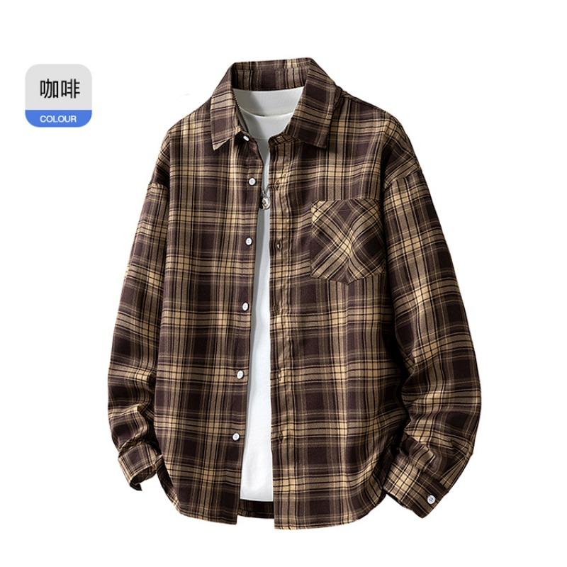 2025 American Retro Simple Plaid Long-sleeved Men's Summer New Loose Casual Couple Shirt Jacket