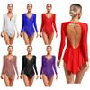 Womens Latin Dance Leotard Long Sleeve Backless Fringe Detail Rhinestone Bodysuit Dancewear