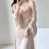 Sexy Female Long Kimono Bathrobe Nightgown Pink Patchwork Lace Wedding Nighty&Robe Set Summer Sleepwear Casual Satin Home Wear