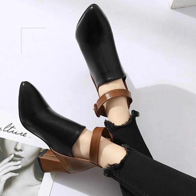 Women Ankle Boots Black Chunky High Heel 7CM Color Matching Buckle Bota Back Zip Casual Female PU Learther Botines Chelsea