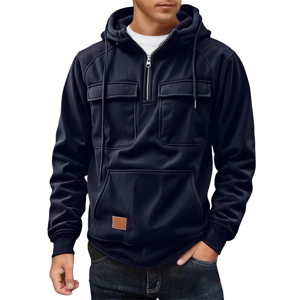 Men's Solid Color Fleece Half Zip Pocket Sweatshirt Hoodie Men's Sports Large Size Casual Sweatshirt