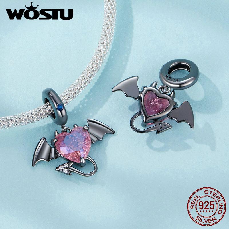 WOSTU 925 Sterling Silver Black Devil Pendant Charms Stone Heart Beads for Women DIY Jewelry Gift Making