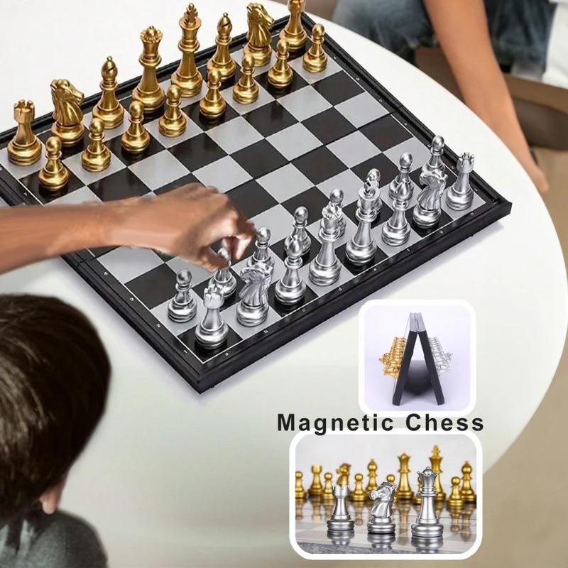 Magnetic Folding Chess Set Gold Silver Portable Travel Board Game Beginner Friendly Educational Fun For Children Adults