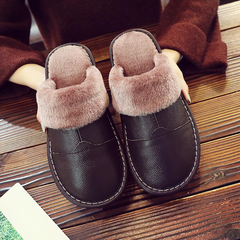 2024 Winter Leather Women Slippers Indoor Waterproof Warm Slippers Home Fur Couple Shoes Flat Ladies Men'S Slippers Cotton Shoes