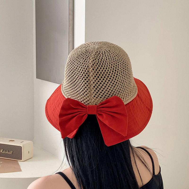 1 Piece Bow Hollow Stitching Panama Hats Fisherman Uv Protection Sun Hat Summer Women'S Bucket Foldable Basin Sunscreen Cap