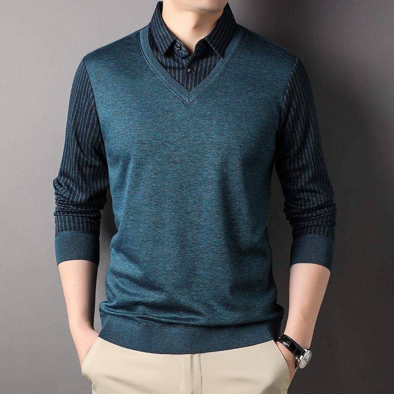 Business Lapel Fashion Striped Knitted Sweater Men's New Fake Two-Piece Knitted Sweaters Young and Middle-Aged Shirt Collar Top