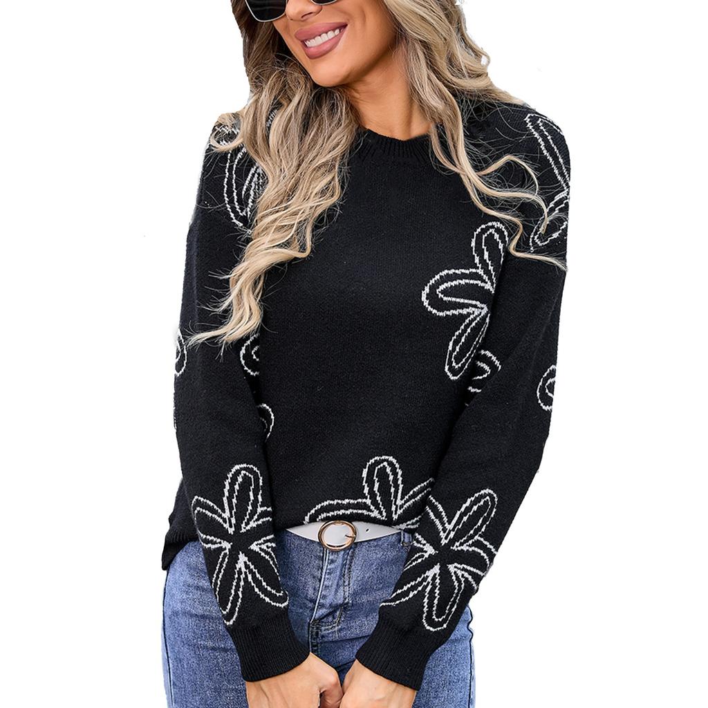 Women's Casual Fashion Comfortable Round Neck Pullover Contrast Color Flower Long Sleeve Street Trend Knitted Sweater