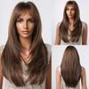 Long Brown Straight Layered Wig with Bangs Natural Looking Soft Synthetic Wigs Daily Party Use Fake Hair High Temperature Fiber