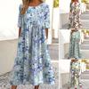 Summer Women Dress Round Neck Floral Print A-line Loose Hem Side Pockets Short Sleeves Mid-calf Length Vacation Daily Lady Midi Dress