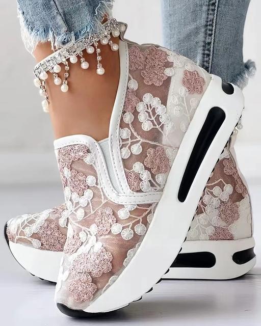 Women's Sneakers Floral Embroidery Mesh Sneakers for Women Slip On Casual Comfy Heeled Shoes Woman